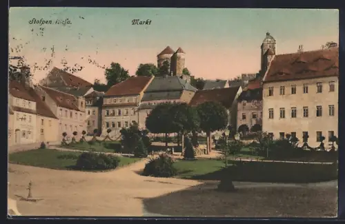 AK Stolpen /Sa., Markt mit Anlage und Turmpanorama
