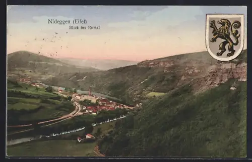 AK Nideggen /Eifel, Gesamtansicht mit Rurtal, Wappen