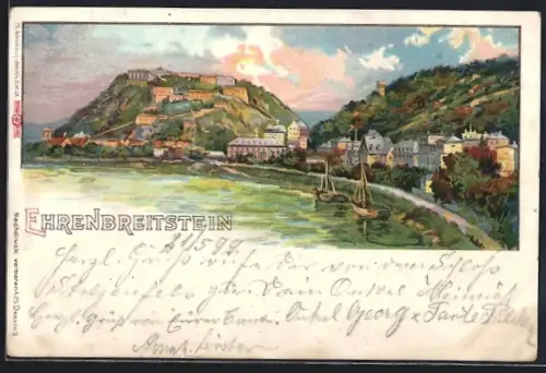 Lithographie Ehrenbreitstein, Panorama vom Ort