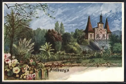 Künstler-AK Freiburg / Breisgau, Blick in den Botanischen Garten