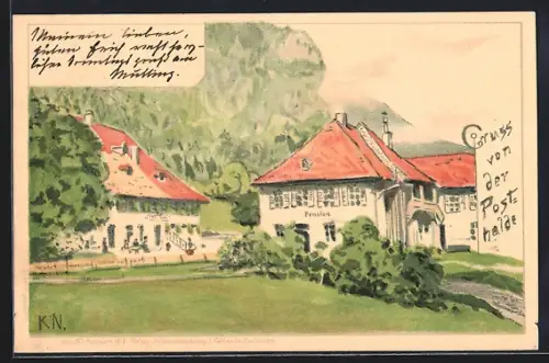Künstler-AK Höllental / Höllsteig, Gasthof vor Berghang