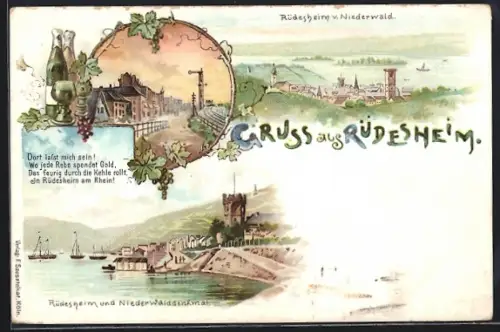 Lithographie Rüdesheim / Rhein, Gesamtansicht, Teilansicht mit Niederwalddenkmal