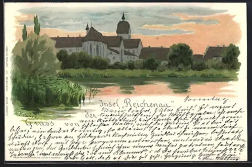 Lithographie Reichenau / Bodensee, Klosteransicht auf der Insel Reichenau