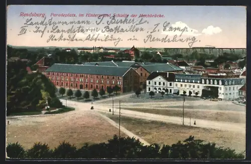 AK Rendsburg, Paradeplatz mit Schleife der Hochbrücke