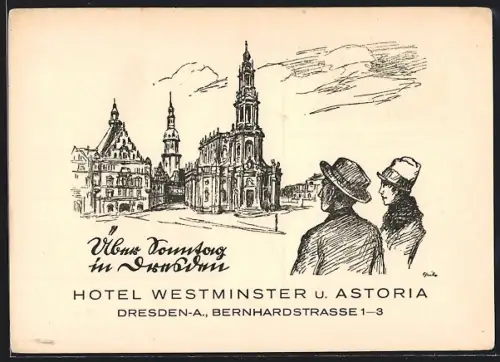 Künstler-AK Dresden, Hotel Westminster u. Astoria
