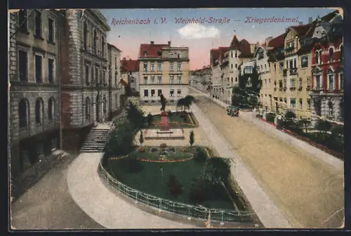 AK Reichenbach i. V., Weinhold-Strasse mit Krieger-Denkmal