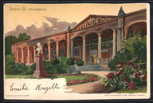 Lithographie Baden-Baden, Trinkhalle mit Büste