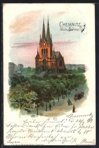 Lithographie Chemnitz, Partie an der Markuskirche