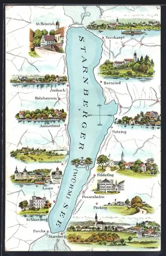 Lithographie Starnberg, Landkarte des Starnberger See mit angrenzenden Orten, Seeshaupt, Bernried und Tutzing