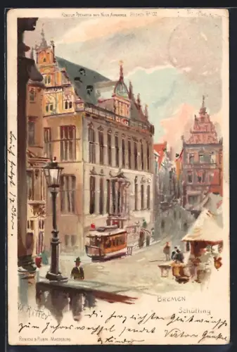 Lithographie Bremen, Schütting mit Strassenbahn