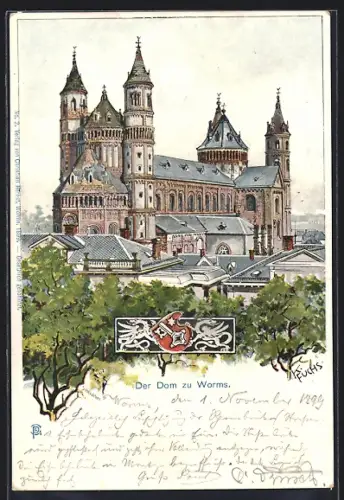 Künstler-AK Worms, Dom, Wappen um 1900