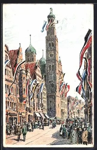 Künstler-AK Augsburg, Karolinenstrasse mit Perlachturm