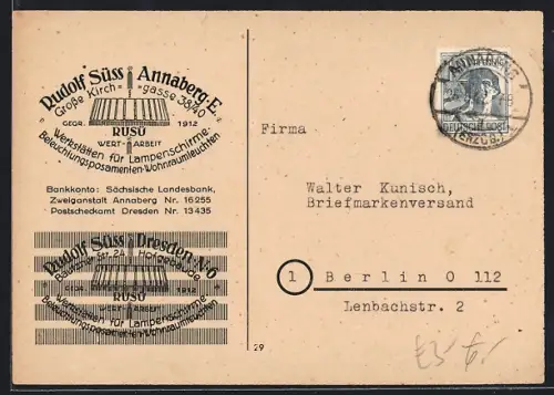 AK Annaberg /Erzg., Rusü Rudolf Süss, Werkstätten für Lampenschirme, Grosse Kirchgasse 38-40, Dresden, Bautzner Str. 24