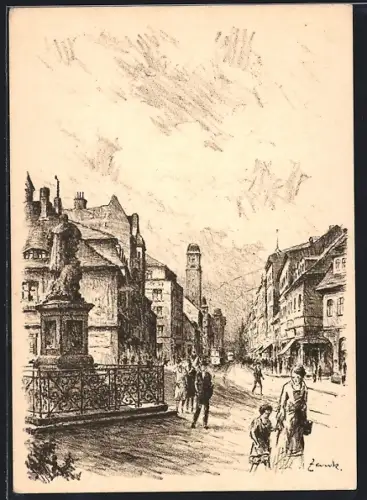 Künstler-AK Berlin-Spandau, Partie an der Potsdamerstrasse mit Denkmal