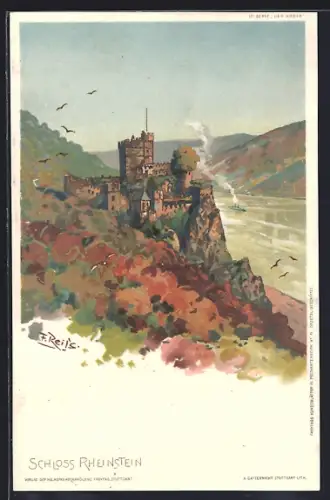 Künstler-AK Trechtingshausen, Schloss Rheinstein mit Dampfer