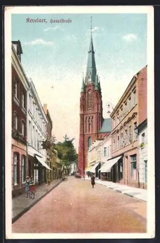 AK Kevelaer, Hauptstrasse mit Kirche und Geschäften