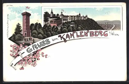 Lithographie Wien, Grinzing, Blick zum Kahlenberg mit Aussichtsturm