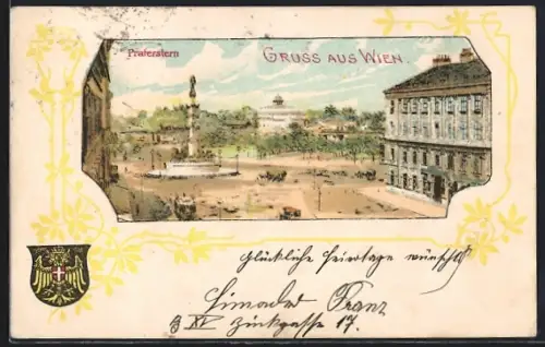 Lithographie Wien, Praterstern im Jugendstil-Passepartout, Wappen