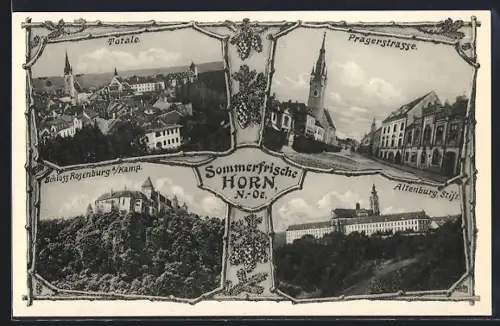 AK Horn, Pragerstrasse, Schloss Rosenburg a. Kamp und Totalansicht