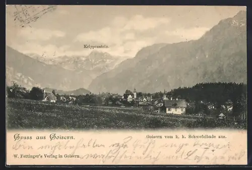 AK Goisern, Ortsansicht vom k. k. Schwefelbad aus gesehen, Blick zum Krippenstein