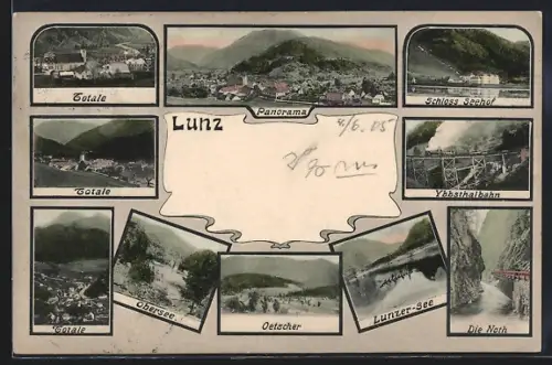 AK Lunz, Schloss Seehof, Ybbsthalbahn, Lunzer-See, Obersee und Oetscher, Panoramablick auf die Stadt