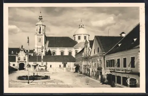 AK Pöllau /Oststmk., Hauptplatz mit Gasthof-Bäckerei Peter Heschl und Kirche aus der Vogelschau