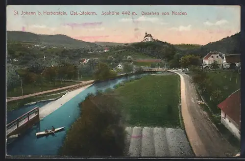 AK St. Johann b. Herberstein, Ortsansicht und Flusspartie von Norden gesehen