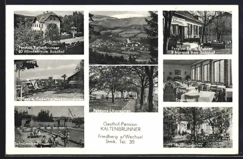 AK Friedberg a. Wechsel, Gasthof-Pension Kaltenbrunner, Innenansicht Speisesaal, Garten