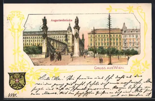 Lithographie Wien, Augartenbrücke und Wappen