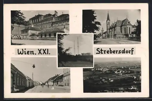 AK Wien, Strebersdorf, Kirche, Strassenpartie und Totalansicht