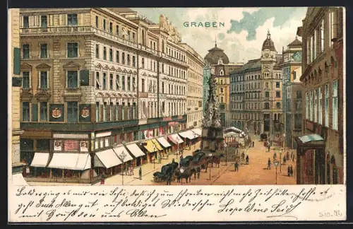Lithographie Wien, Graben, Strassenpartie im Ort