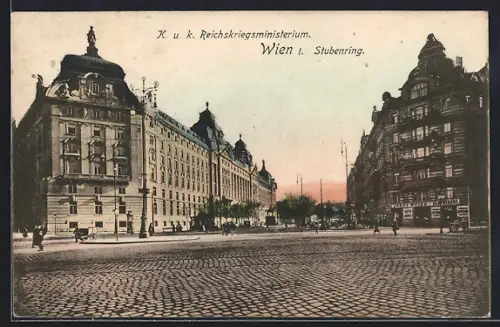 AK Wien, K. u. k. Reichskriegsministerium am Stubenring mit Geschäft von Josef Weiss