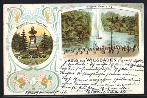 Lithographie Wiesbaden, Bodenstedt-Denkmal und Grosse Fontaine