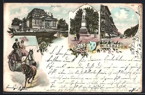 Lithographie Wiesbaden, Neues Theater, Kasier-Wilhelm-Denkmal, Wilhelmstrasse, Pferdekutsche