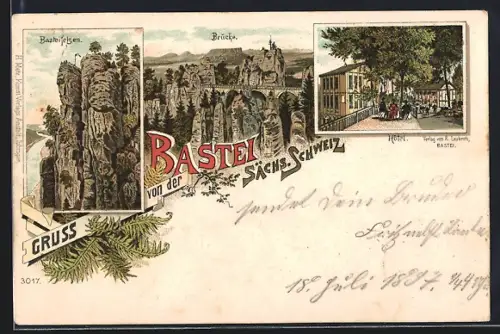 Lithographie Bastei, Basteifelsen, Brücke, Hotel