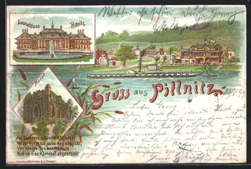 Lithographie Dresden-Pillnitz, Lustschloss Pillnitz, Dampfschiff Hotel, Ruine, Dampfer auf der Elbe