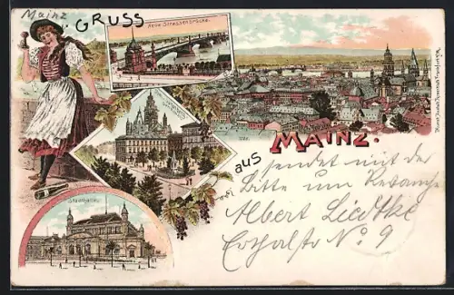 Lithographie Mainz, Dom und Gutenberg-Denkmal, Stadthalle, Neue Strassenbrücke