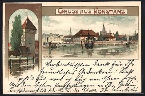 Künstler-AK Karl Mutter: Konstanz, Blick vom Hafen auf die Stadt