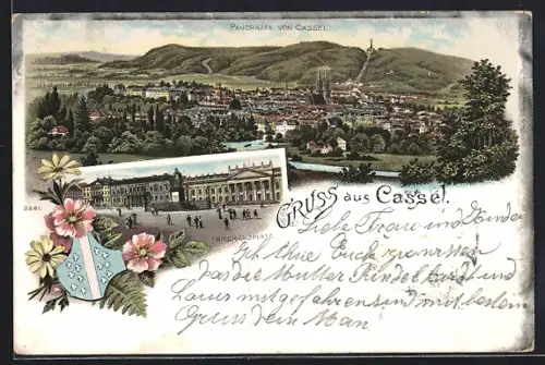 Lithographie Kassel, Gesamtansicht, Friedrichsplatz und Wappen