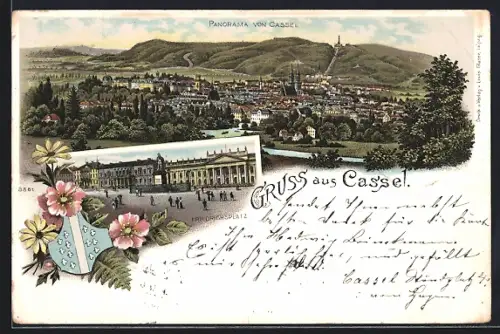 Lithographie Kassel, Panorama der Stadt, auf dem Friedrichsplatz, das Wappen