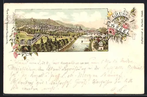 Lithographie Cassel / Kassel, Blick nach der Stadt mit Wilhelmshöhe