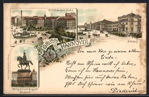 Vorläufer-Lithographie Hannover 1895, Ernst-August-Platz, Bahnhof und König-Ernst-August-Denkmal