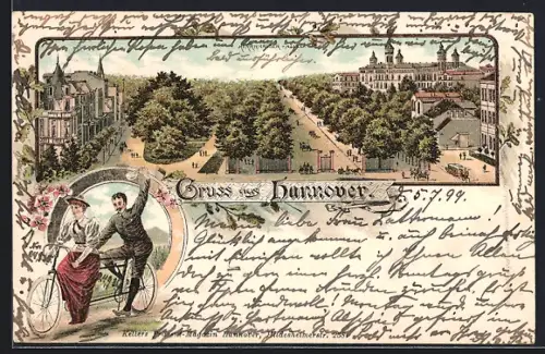 Lithographie Hannover, Herrnhauser Allee aus der Vogelschau, Paar unterwegs mit dem Tandem