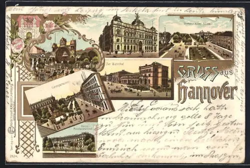 Lithographie Hannover, Königl. Residenzschloss, Georgstrasse, Tivoli, Post, Bahnhof, Herrenhäuser Allee
