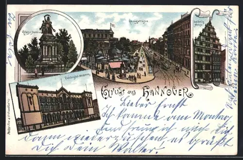 Lithographie Hannover, Georgstrasse, Kriegerdenkmal, Provinzial-Museum, Leibnitz-Haus