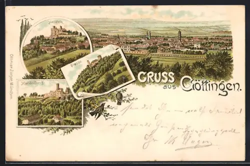 Lithographie Göttingen, Ortsansicht Plesse, Hanstein, Hardenberg