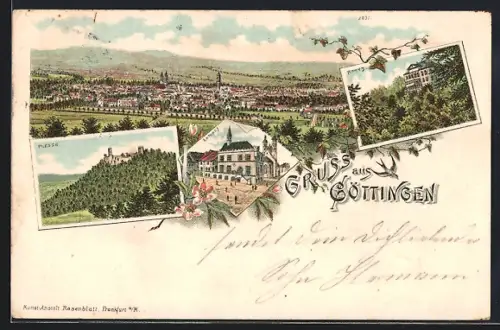 Lithographie Göttingen, Rathaus, Plesse, Cafe Rohns, Stadtansicht