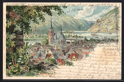 Lithographie Bingen / Rhein, Ortsansicht mit Umgebung