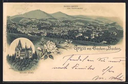 Lithographie Baden-Baden, Totalansicht vom Friesenberge, Schloss Solms