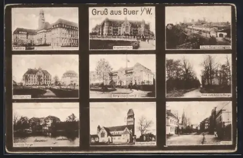 AK Buer i. W., Rathaus, Kohlenzeche Bergmannsglück, Berginspektion III, Amtsgericht und Ludgerikirche